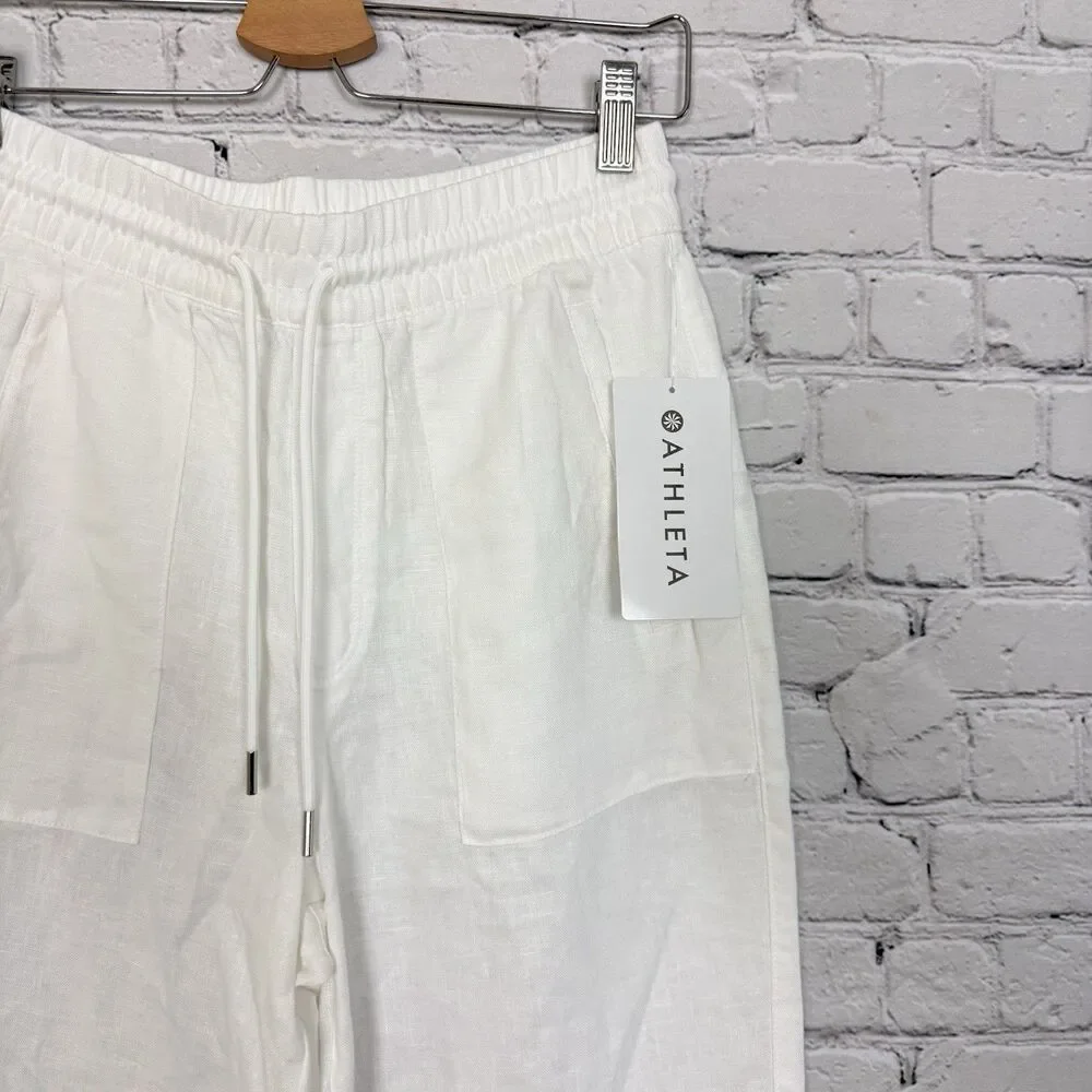 Athleta Retreat Linen High Rise Wide Leg Pants White Womens XS Split Leg Hem NWT